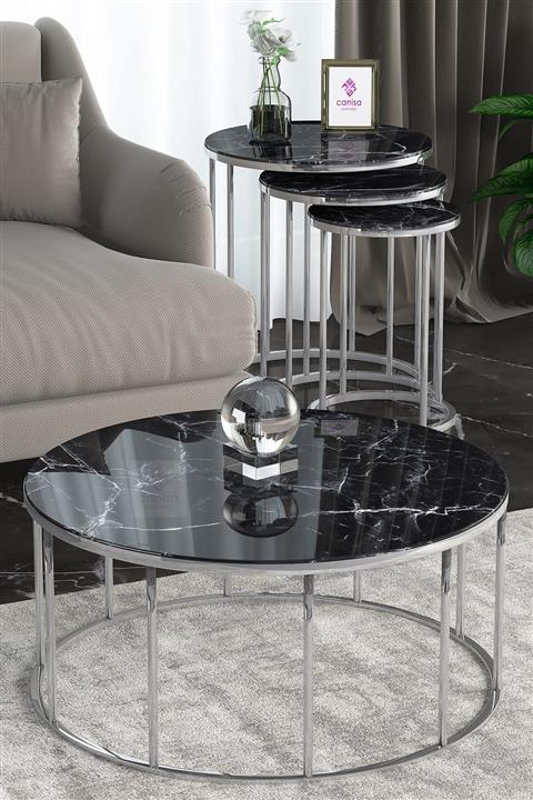 Canisa Concept Canisa Ayça Serisi Temperli Cam 3lü Zigon Sehpa Takımı Ve Orta Sehpa/ Siyah Mermer Desen-gümüş