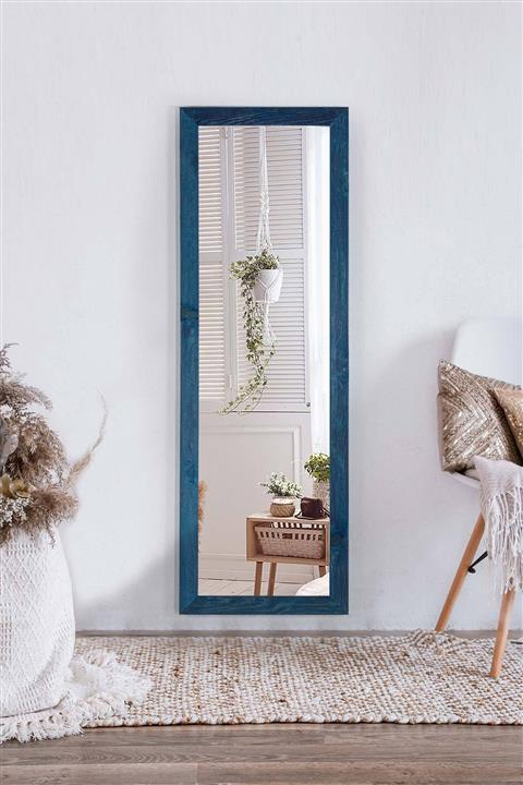 bluecape Doğal Ağaç 120x40 Cm Mavi Paris Dekor Raflı El Yapımı Salon Ofis Mutfak Duvar Konsol Boy Ayna