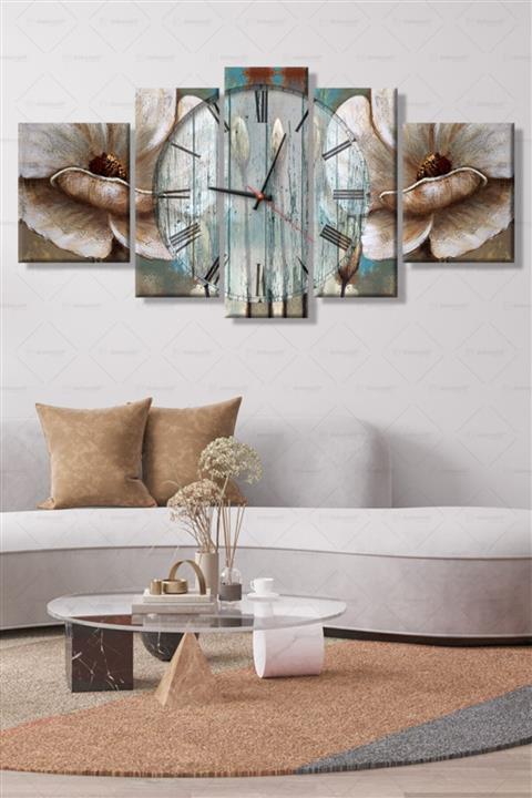 Dekoratif Market 5 Parça Duvar Saatli Çiçek Desenli Kanvas Tablo