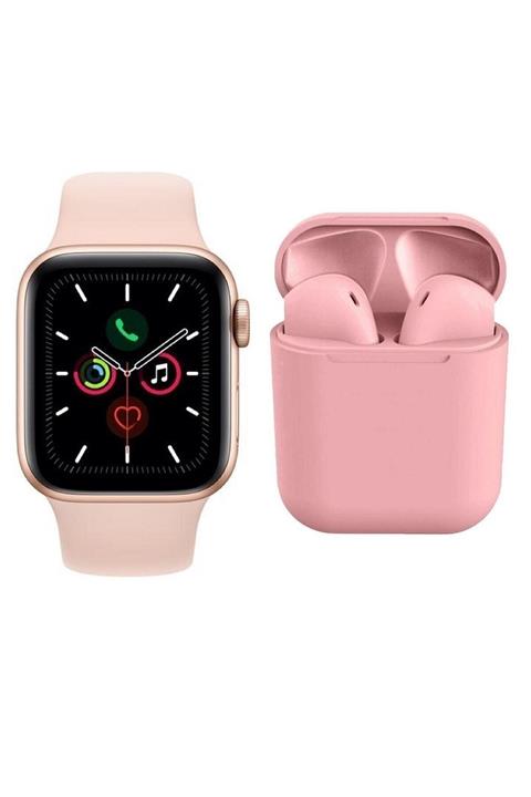 MAROX T500 Akıllı Saat Smart Watch + Airpods I12 Tws Kablosuz Kulaklık + Ikili Kombin Pembe