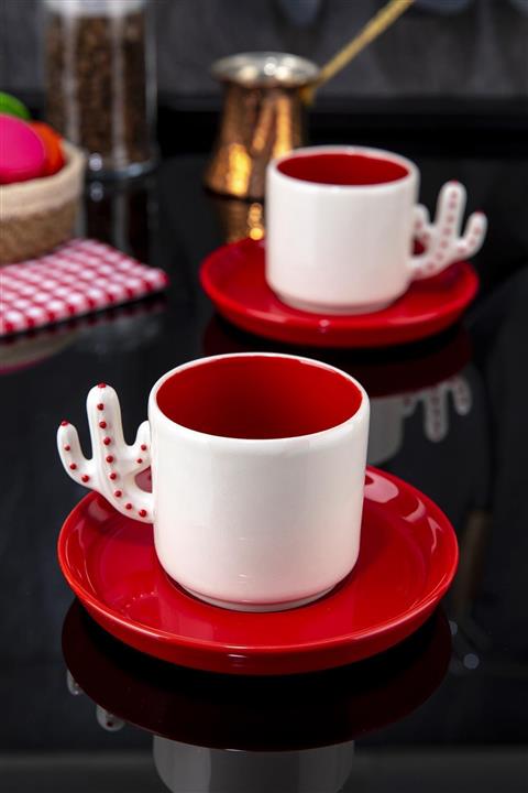 Doreline Kırmızı Kaktüs El Yapımı 180 ml Mocha Americano  Filtre Kahve Fincan Seti 2 Li