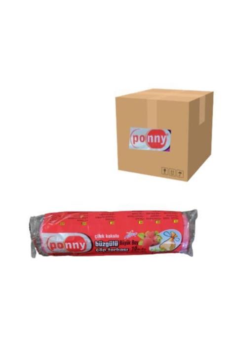 BAYPACK Ponny Çilek Kokulu Büzgülü Çöp Torbası Büyük Boy 65x70 10'lu (1 Koli 60 Paket)