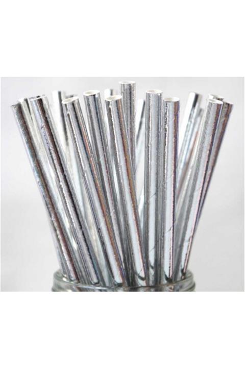 velomy Metalik Gümüş Kağıt Pipet 25 Adet