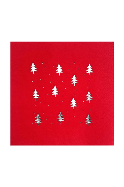 Story 33x33 Cm Gümüş Varak Çam Ağaçları Desenli 16'lı Kırmızı Renkli Kağıt Peçete