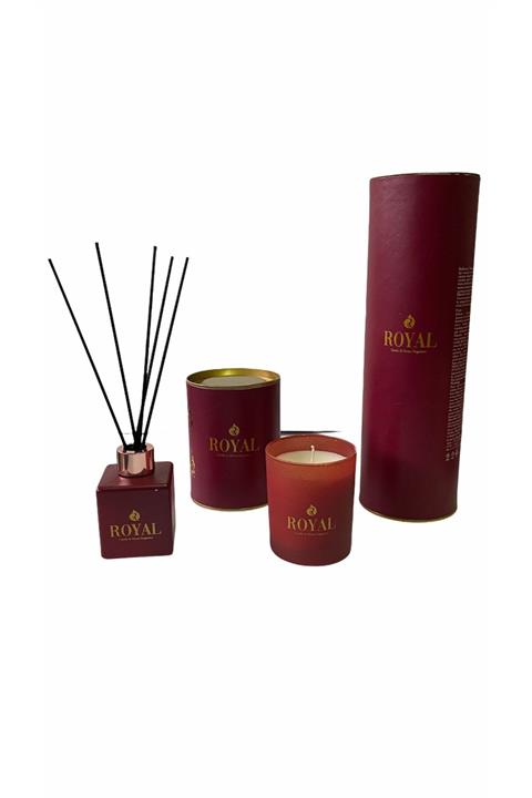 ROYAL MUM Özel Mat Bordo Set - Soy Wax Eks Kokulu Mum Ve 100 Ml Oda Kokusu / Chery -flover / Mükemmel Uyum