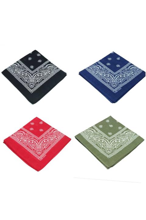 Fular Marketi Unisex 4 Adet Etnik Desenli Pamuk Bandana - Siyah Lacivert Kırmızı Haki