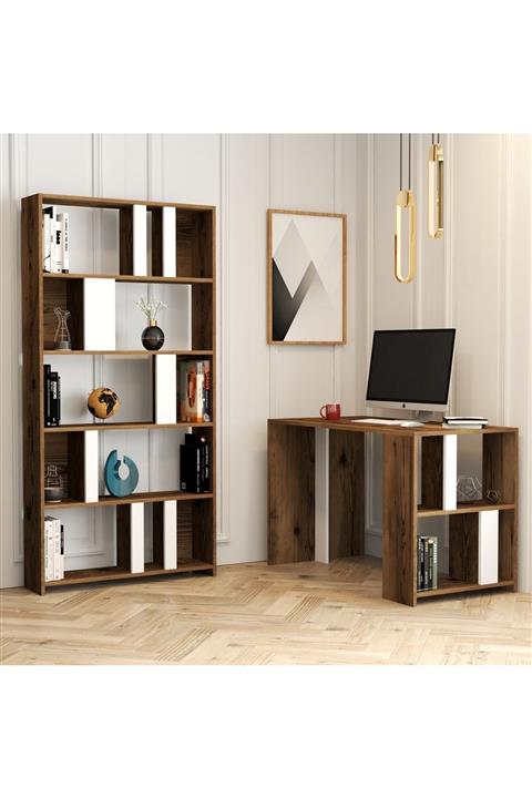 Variant Mobilya Variant Lima Çalışma Masası ve Kitaplık Takımı Ceviz  Beyaz