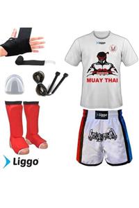 Liggo Kick Boks Muay Thai Şort Tişört Kaval Koruyucu Full Set