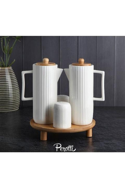 Perotti Lisbone Porselen Yağlık Sirkelik Tuzluk Biberlik Takımı 4 Lü Bambu Altlıklı 12591