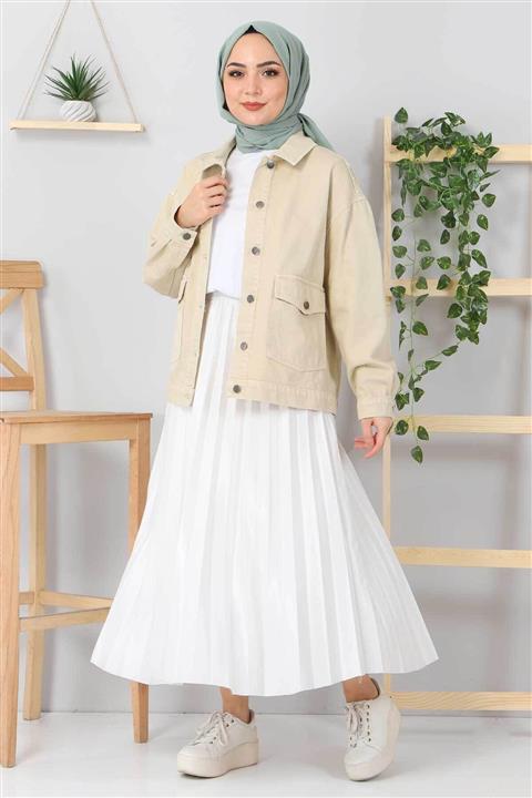 Tesettür Dünyası Çift Cepli Kot Ceket Tsd5511 Bej