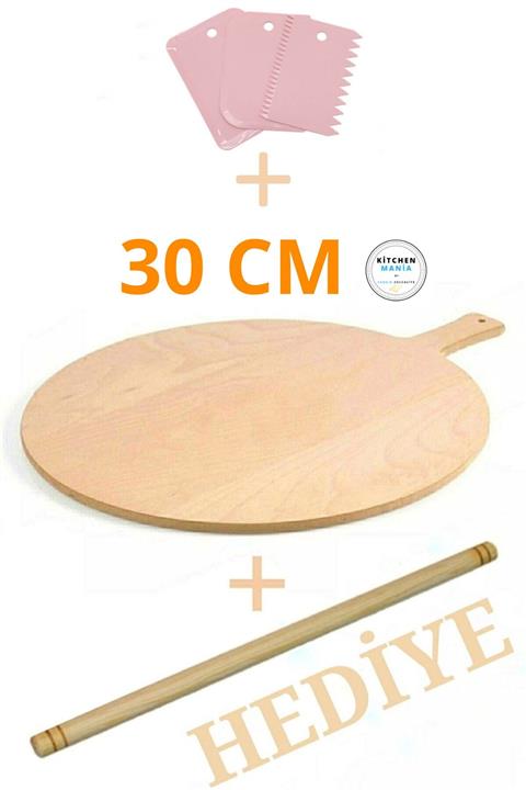 Kitchen Mania 30 Cm Ahşap Bazlama Tahtası-kesme Tahtası-pizza Sunum-hamur Açma-oklava Hediyeli