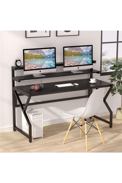 Zizuva Siyah Metal Merdiven Raflı Monitor Sehpalı Ofis Ev Danışma Kasiyer Çok Amaçlı Çalışma Masası