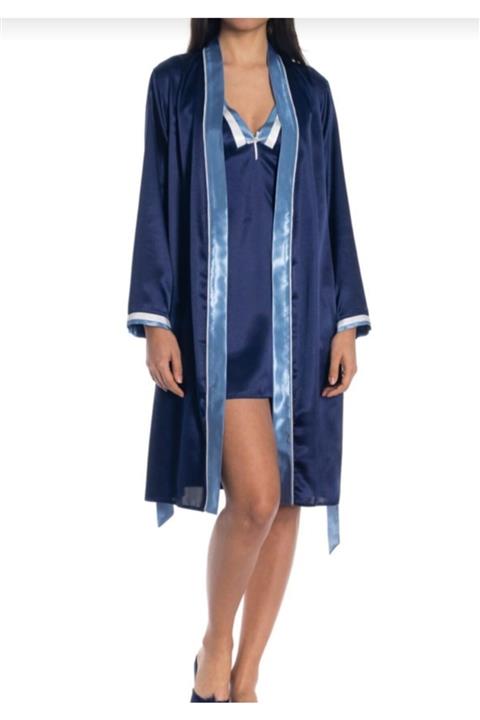 GRAND EFE Lacivert Saten Gecelik Sabahlık Takımı