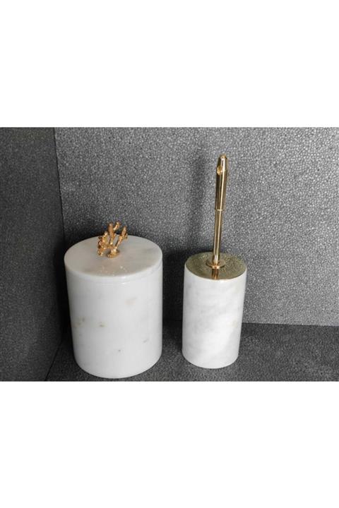 Polen Stone Beyaz Mermer Çöp Kovası Ve Fırçalık 2'li Set (GOLD MERCAN AKSESUARLI)