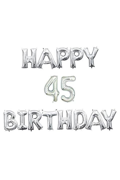 BİDOLUMUTLULUK Happy Bırthday Balon Ve 45 Yaş Seti Gümüş Renk