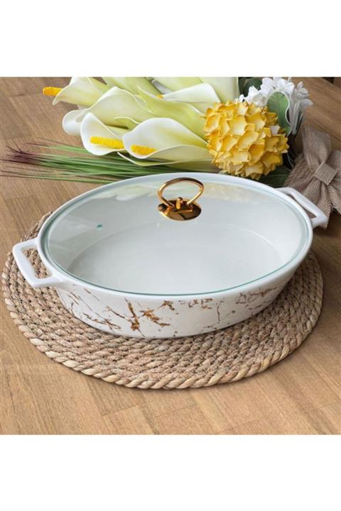 PicWood Cam Kapaklı Porselen Fırın Ve Saklama Kabı Beyaz