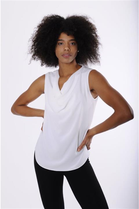 Cliche Kadın, Yakası Dökümlü Kolsuz Beyaz Bluz