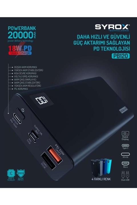 Syrox Yeni 20000 Mah Led Ekran 18w Pd Taşınabilir Hızlı Powerbank Mavi Renk