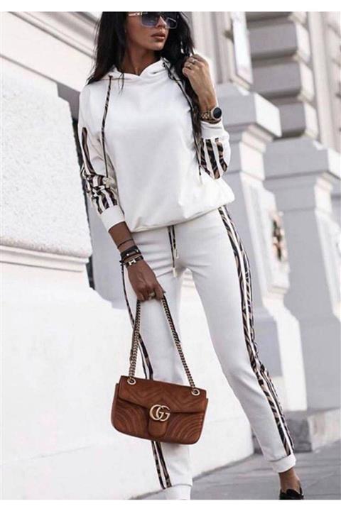 ELBİSENN Leopar Şeritli Likralı Spor Takım (ekru)