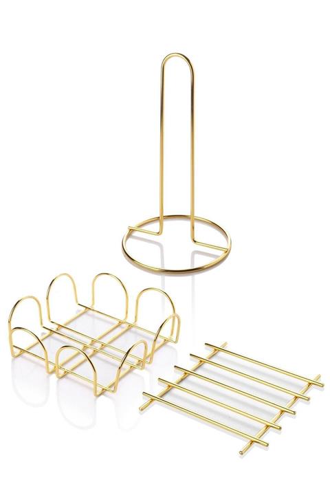 YzHome 3 Lü Servis Sunum Seti Havluluk Peçetelik Nihale Gold Altın Parlak Paslanmaz Çelik