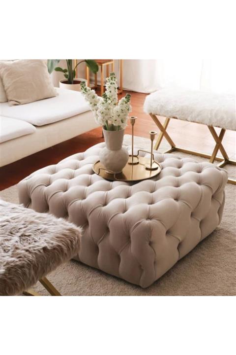 ERİZA 70x70cm Kare Chester Puf (ekru)