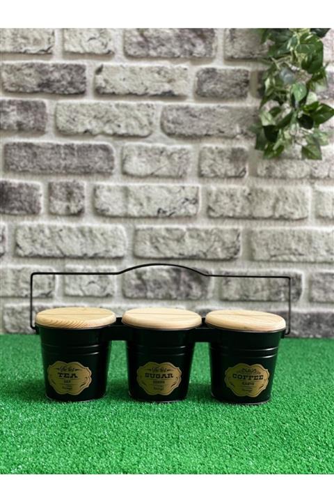 Feronyahome & Garden Siyah Ahşap Kapaklı Çay Şeker Kahvelik  3'lü
