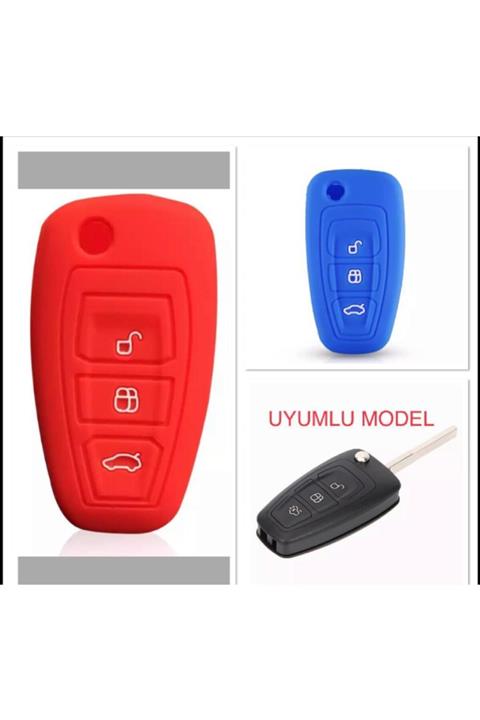 Ford 2 Adet Fiesta Kuga Focus C-max Silikon Anahtar Koruma Kılıfı (sustalı) Kırmızı Ve Mavi Renk