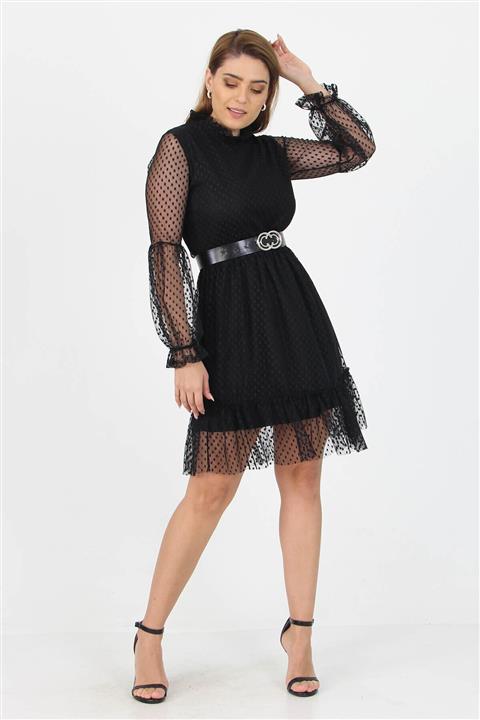 Neşeli Butik Kadın Eteği Ve Yakası Fırfırlı Yeni Sezon Kemerli Elbise Nb10003