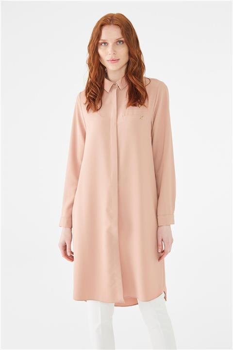 Zühre Gizli Düğme Detaylı Açık Pudra Tunik T-0767