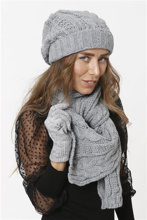 FATELLA Kadın Triko Örgü Model Gri Atkı Bere Eldiven Set