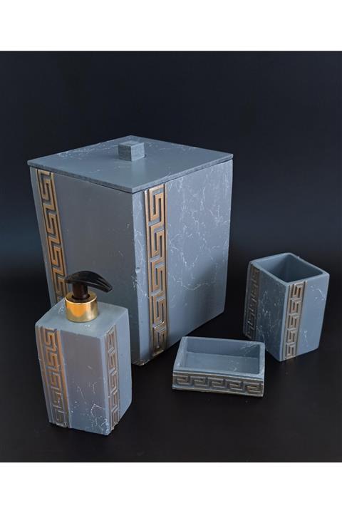 ALPER HOME 4 Lü Polyester Versace Desen Banyo Seti Antrasit Gri