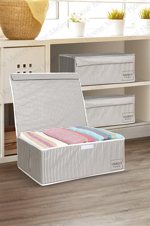 Meleni Home 3 Adet Kapaklı Çok Amaçlı Hurç Saklama Kutusu Organizer Baza 50 X 40 X 19 Cm Gri