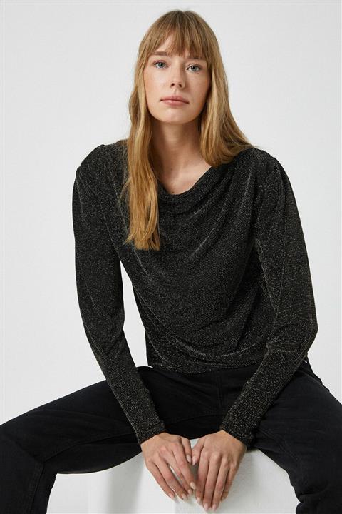 Koton Kadın Siyah Drape Yaka Uzun Kollu Metalik Detayli Tisört 1KAK13487EK