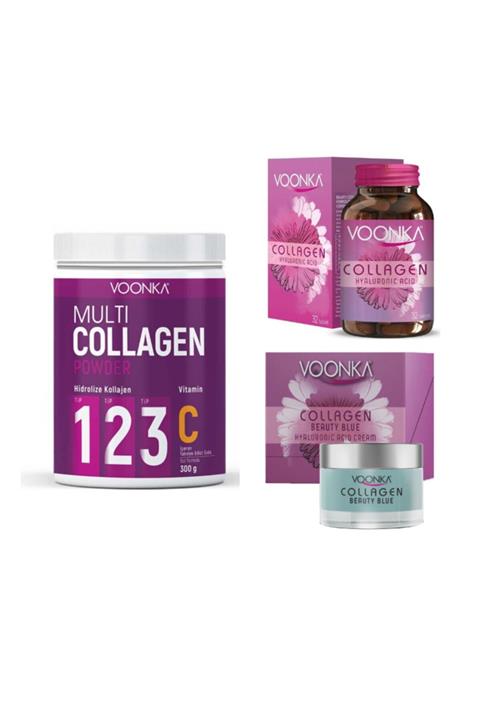 Voonka Collagen, Hyaluronic Acid 32 Tablet + Multi Collagen Powder 300 Gr+hyaluronic Acid Cream 50 Ml