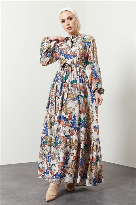 festmoda Kadın Krem  Yaprak Desen Renkli Elbise