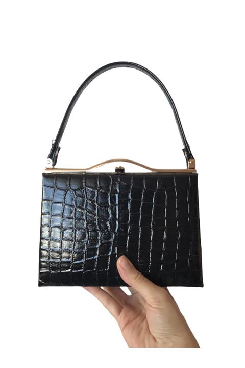 Selay Çanta Siyah Krokodil Rugan Wristled Model Kulplu Zincirli Bayan Abiye Çanta