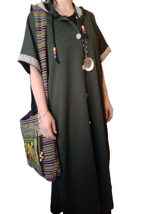 Bohem Stil Nepal Yeşil Kapüşonlu Panço