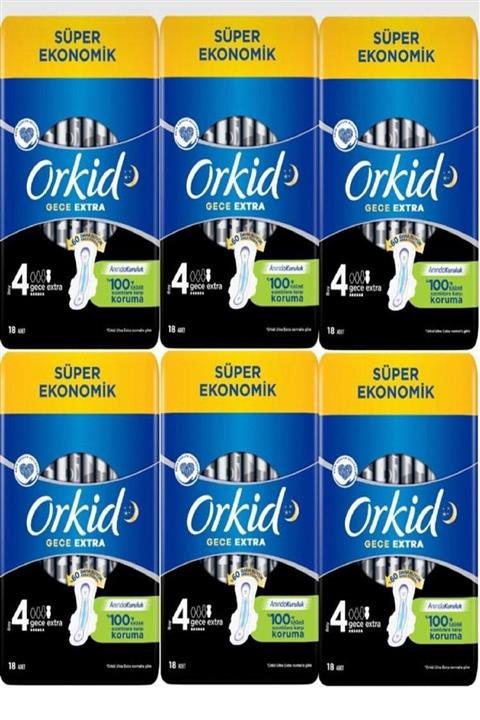 Orkid Hijyenik Ped Gece Extra 18'li X 6 = 108 Adet Ped