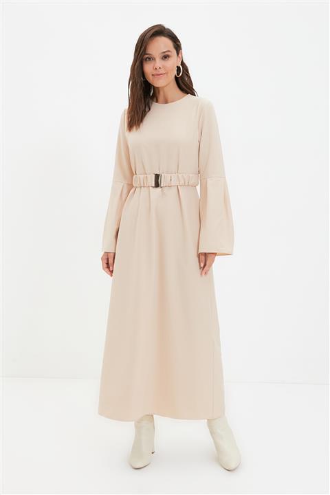 Trendyol Modest Bej Bisiklet Yaka Kemerli Elbise TCTAW22EB0159