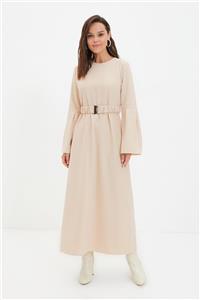 Trendyol Modest Bej Bisiklet Yaka Kemerli Elbise TCTAW22EB0159