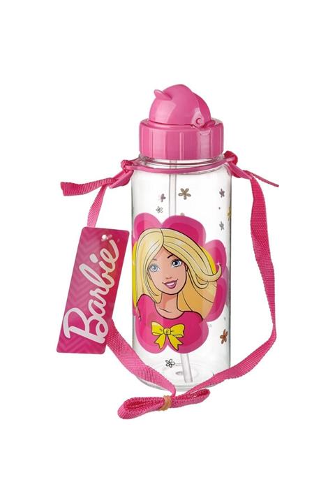 Tuffex Kız Çocuk Pembe Barbie Matara Suluk 500 ml Şeffaf Silikon Pipetli