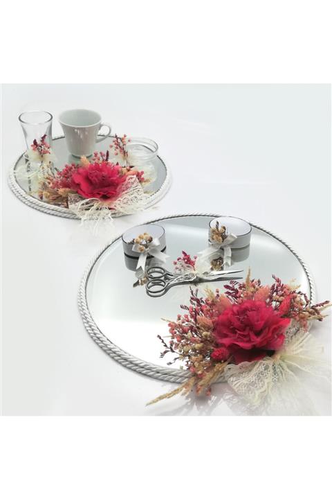 Lora Davet  Fushia Söz Nişan Yüzük Tepsisi Ve Damat Fincanı Kahve Tepsi Takımı