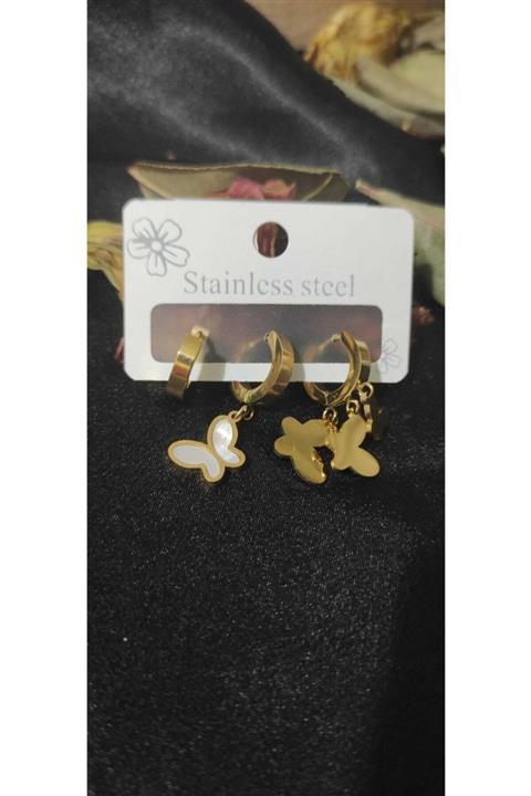 FREZYA Sedef Taşlı Kelebek Detaylı Çelik Üçlü Küpe