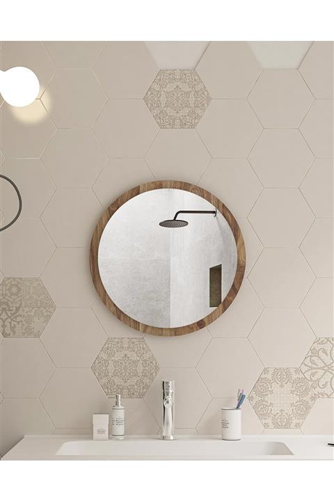 bluecape Yuvarlak Ceviz Banyo Wc Antre Dresuar Konsol Duvar Salon Mutfak Çocuk Yatak Odası Aynası  45cm