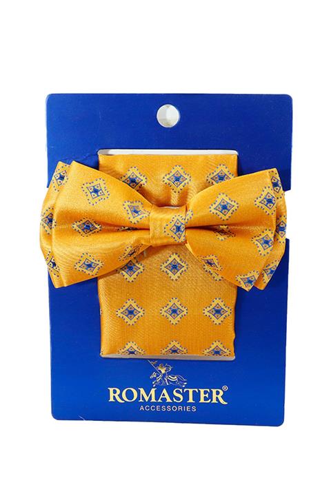 ROMASTER Sarı Renk Kare Desenli Mendilli Papyon