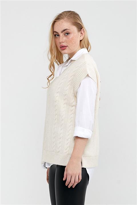 ALTINER TRİKO Kadın V Yaka Yırtmaçlı Ekru Ipek Süveter