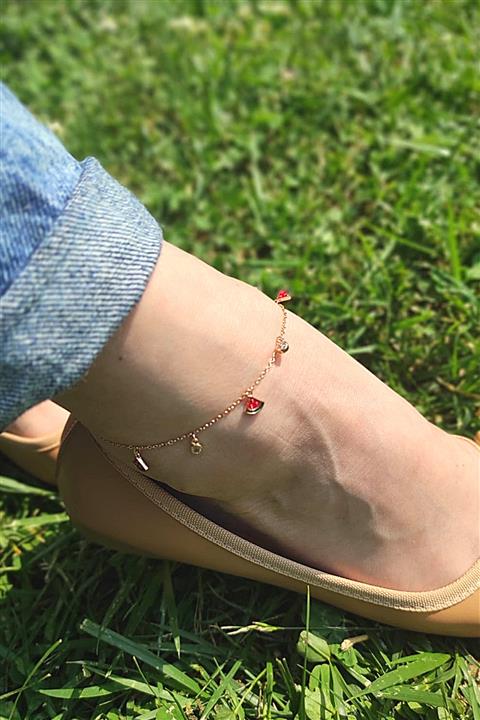 By Meriç Kadın Karpuz Ve Taş Charmlı 24 Ayar Altın Kaplama Çelik Halhal