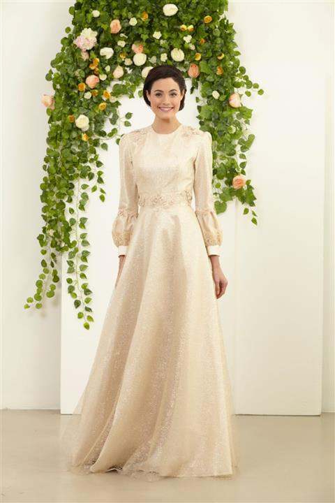 Tuay Karaca Kadın Somon Simli Tül Dantel Detaylı Abiye