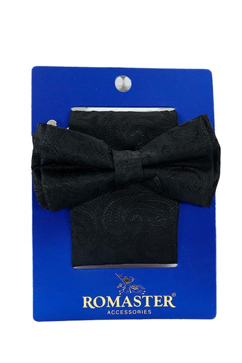 ROMASTER Siyah Renk Çiçek Desenli Mendilli Papyon