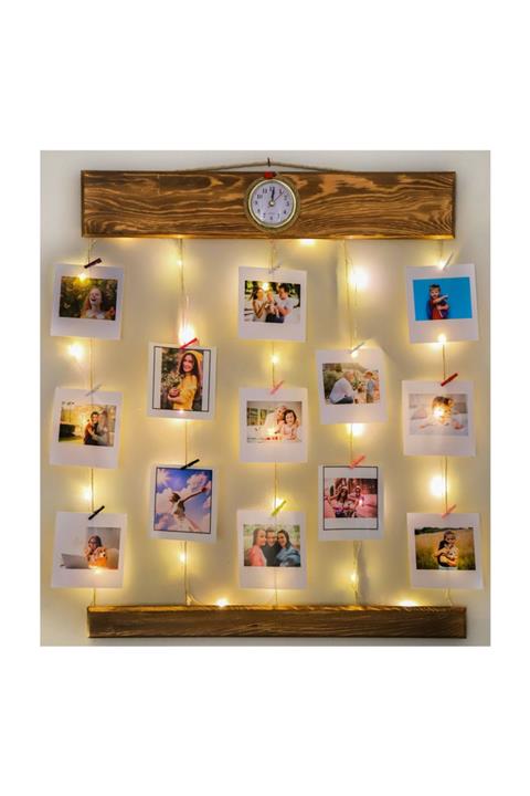 Webotto Ahşap Led Işıklı Saatli Jüt Ipli Mandallı Fotoğraf Askısı Fotoğraf Çerçevesi Albümü